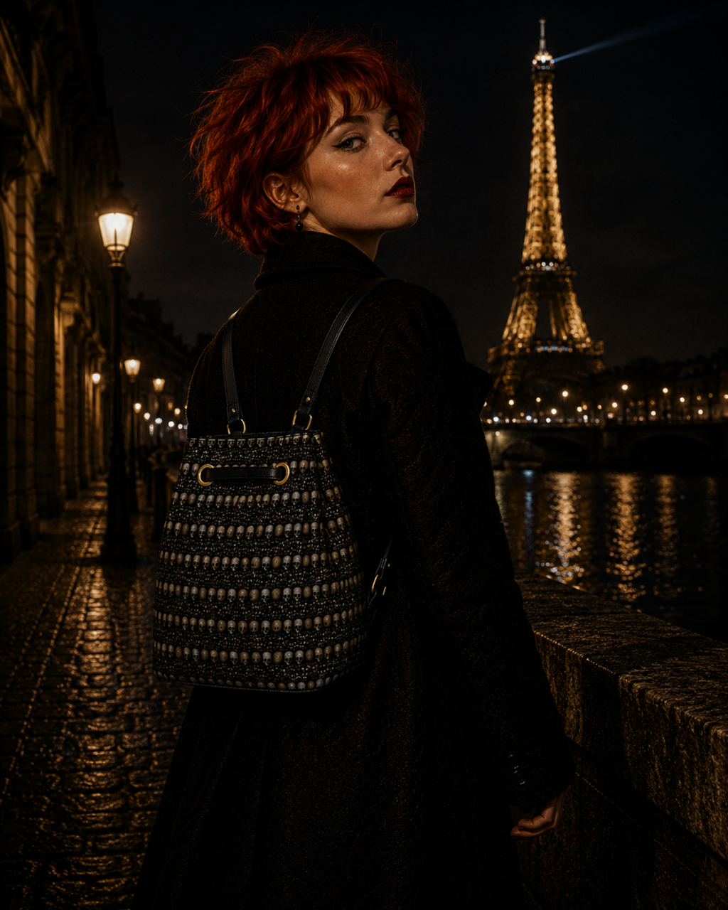 Limited Edition Whispers Beneath Paris Drawstring Leather Bucket Backpack